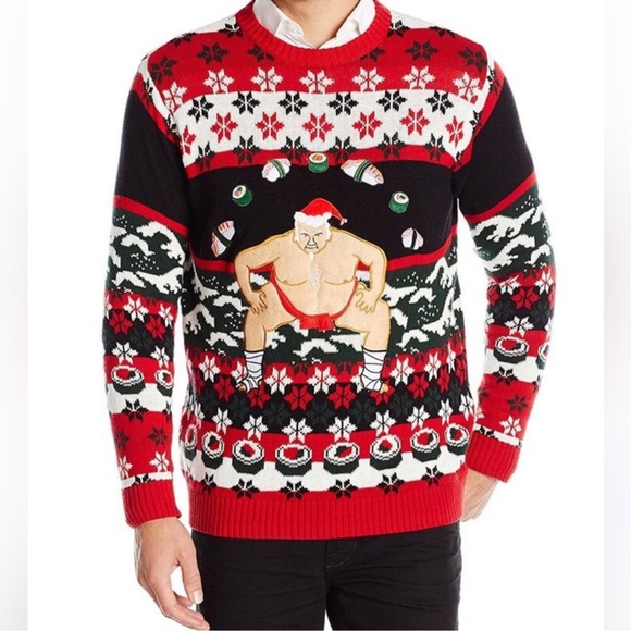 Blizzard Bay Sushi Santa sumo ugly Christmas sweater holiday embroidered sushi. - Picture 1 of 7